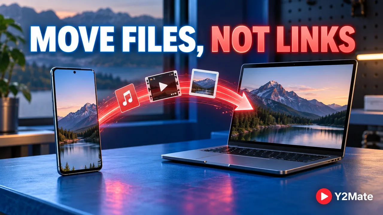 A phone and laptop connected by a wireless file-transfer path